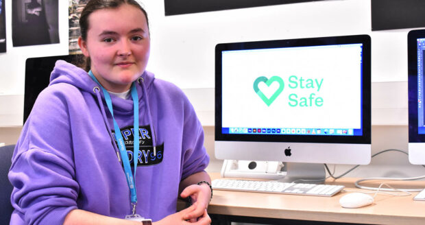 Keira Todd, Digital Art student, working on her Stay Safe logo in The Arts Academy at Bede Campus.